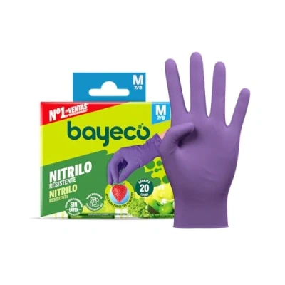 Image de Bayeco Gants nitrile à usage unique Violet Ambidextres Sans poudre ni latex Doigts texturés pour une meilleure adhérence Lot de 20 distributeurs Taille XL