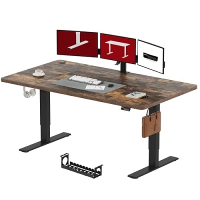 Image de SANODESK Bureau Assis Debout Électrique 200x80 cm Réglable en Hauteur, Panneau Clavier Contrôle à Fonctions Mémoires avec Crochet, Marron