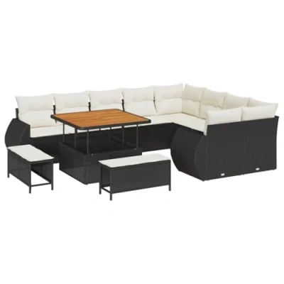 Image de Ensemble de canapés jardin 12 pièces avec coussins Noir Poly Rotin Acacia 3363855