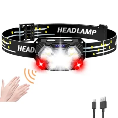 Image de SENDALE Lampe frontale LED rechargeable,5000 lumens,9 LED,Fonctionne avec piles,Avec lumière rouge et capteur de mouvement,7 modes d&#039;éclairage,Étanche IPX6, l&#039;entretien, la pêche