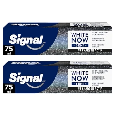 Image de Signal White Now Dentifrice 3 en 1 Boost Charbon Actif Blancheur Longue Durée Anti Tache Action Micellaire Nettoyante 96% d&#039;ingrédients d&#039;origine naturelle 2x75ml