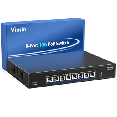 Image de Switch PoE 10G 8 Ports Non Géré, VIMIN Power Over Ethernet 10Gbps Prend en Charge IEEE802.3 AF/at, pour Réseau NAS 10G, Capacité de Commutation 160Gbps, Montage sur Bureau et Rack