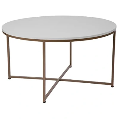 Image de Flash Furniture Hampstead Collection Basse Table d&#039;appoint Moderne en stratifié avec Cadre croisé, Autre, Blanc/Or Brossé, Set of 1