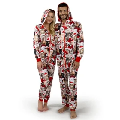 Image de Giggling Getup Pyjama de Noël à capuche pour femme avec imprimé chat mignon, tenue adultes poches, fermeture éclair L