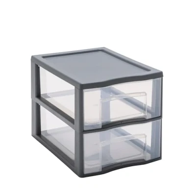 Image de SUNDIS Tag Tower, petite tour de rangement en plastique gris, 2 tiroirs transparents format A4, hauteur 25,5 cm, superposable, idéale bureau, cours, documents, fournitures