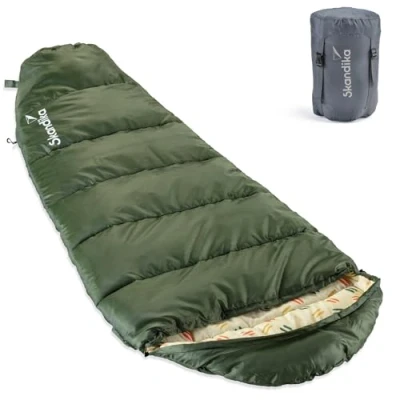 Image de Skandika Vegas Junior sac de couchage sarcophage momie enfant, doublure intérieure douce, imperméable, 3 saisons, jusqu&#039;à 12 C, 170 x 70 cm, camping, randonnée (Vert foncé)