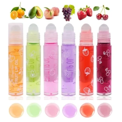 Image de Baorder 6Pcs Roll On Lip Gloss Set,Huile à lèvres Rollball Rolled Aromatisée aux fruits,Brillant repulpant transparent,Ensemble de maquillage pour les non toxique