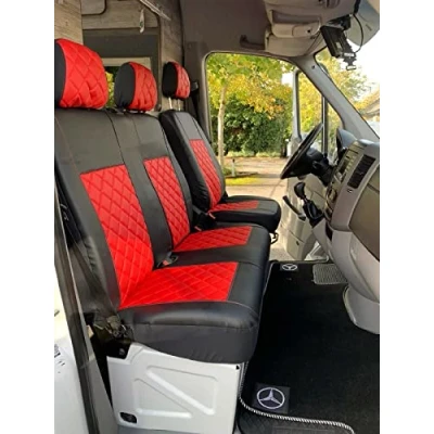 Image de Texmar Housses de siège conçues pour Mercedes Sprinter 2006 2018, VW Crafter 2018 LHD en cuir écologique noir et rouge (1 simple, 1 double)