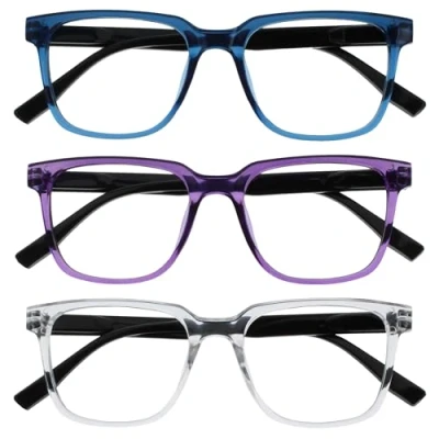 Image de OPULIZE LEO Lunettes de Lecture Lot 3 Monture Rectangulaire Large Bleu, Violet, Transparent Hommes Femmes Charnières à Ressorts RRR55 35C +3.50