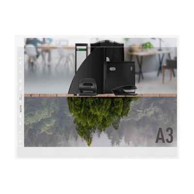 Image de Leitz Pochettes A3, Lot de 25, Bande Plastique Perforée, Surface Mate Gaufrée, Épaisseur 100 Microns, 100% Recyclable, Écologique, Recycle, Transparent, 40190003
