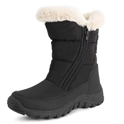 Image de Polar Femmes Mousse A Mémoire Ouverture Double Fermeture Eclair Nylon Imperméable Fausse Fourrure Doublée L&#039;hiver Bottes De Neige Noir/Beige UK5/EU38 YC0662