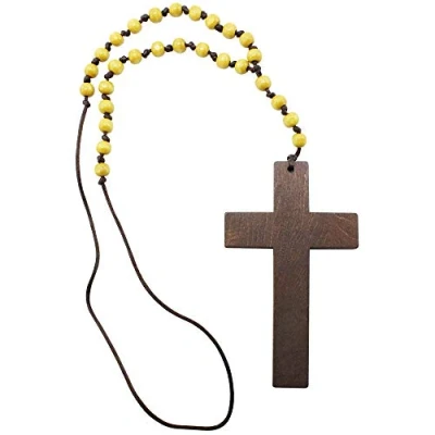 Image de com four® Collier avec Pendentif Croix Chaîne à Billes de prêtre en Bois Bijoux Fantaisie (Croix Bois)