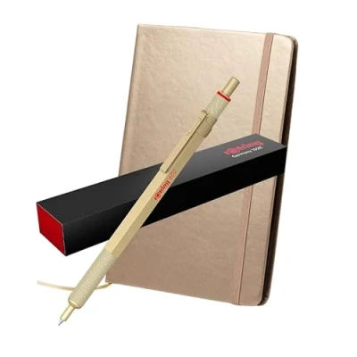 Image de rOtring Stylo à bille métallique 600 + carnet Pointe moyenne Corps doré avec poignée moletée antidérapante Rechargeable