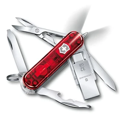 Image de Victorinox Midnite Manager Work, Couteau de Poche (11 Fonctions, Ciseaux, Clé Usb 32Go, Tournevis), Multifonction, Rouge Transparent