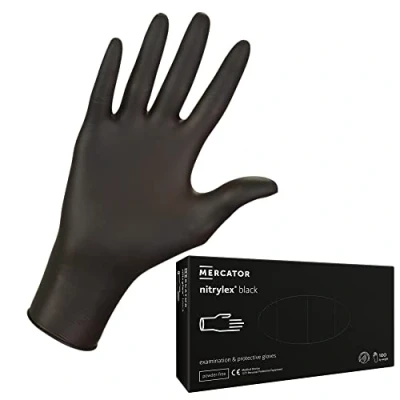 Image de MERCATOR MEDICAL Nitrylex Black Gants Nitrile Jetables, Examen Protecteur, Non Poudrés, Couleur Noir, Taille M (7 8), Ambidextre, Micro + Bout Doigt Texturé, Poignet Bordé, dispenser box 100 Pcs