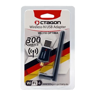 Image de Octagon WL318 Optima WLAN 300 Mbit/s + 2dBi Antenne USB 2.0 Adaptateur avec bande 2,4 GHz, VU+, Gigablue, Protek et autres récepteurs satellite Linux E2 OS ordinateur, noir