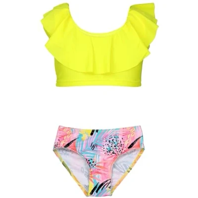 Image de Aquarti Set Bustier Slip de Bikini Maillots Bain Deux Pièces Filles Pièces, 037 à Volants Rose Jaune Feuilles, 128