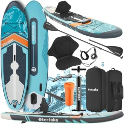 Image de tectake® Planche de Stand up Paddle Gonflable Adulte 1 Place Kayak avec Pompe à air, Pagaie 2 en Double pour Sport Nautique, Siege rembourré, Sac Dos Inclus