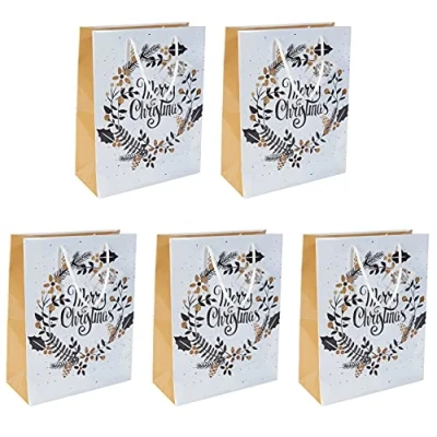 Image de SIGEL Qw006 Lot de 5 Sacs Cadeaux Noël, 33 X 26 cm, Blanc/Noir/Or