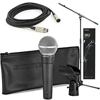 Image de Shure SM58 Quality Bundle with Cardioid Dynamic Vocal Microphone, 15&#039; XLR Cable, Mic Stand, A25D Clip and Storage Bag, Perfect for Onstage or Studio (SM58 KM SOM)