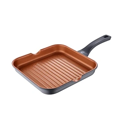 Image de SAN IGNACIO Bronze Poêle grill antiadhésive de 28 x 4,5 cm en fonte d&#039;aluminium distribution efficace la chaleur avec manche Soft Touch convient à tous les types cuisinières