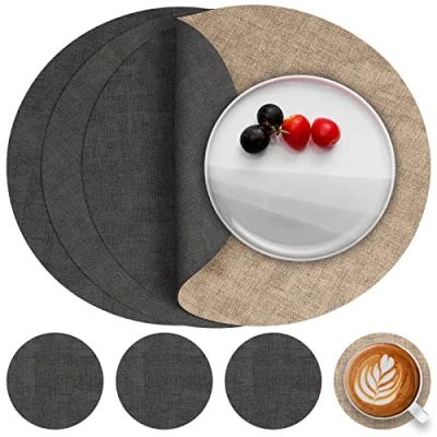 Image de Myir JUN Set de Table en Cuir et Dessous Verre Lot 4, Sets Rond Antidérapant Double Face Plastique Lavable Résiste à la Chaleur (Gris Beige, di 4)
