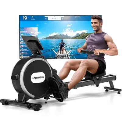 Image de Rameur, DMASUN Rameur Magnétique D&#039;appartement, Rowing Machine Connecter APP avec Écran LCD, 16 Niveaux de Résistance, Mise à Niveau vers Deux Rails, Silencieux, Capacité Maximale 160KG