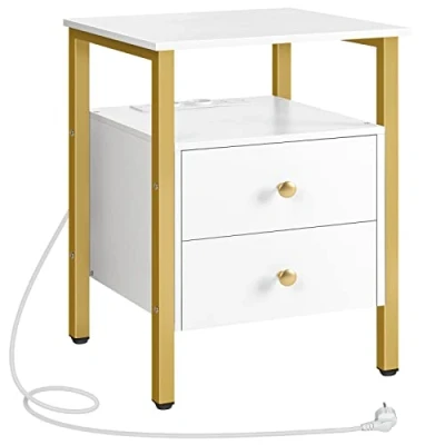 Image de HOOBRO Table de Chevet, Basse avec Prise et Port USB, d’Appoint Tiroirs Étagères Rangement, Adaptée aux Petits Espaces, Salon, Chambre à Coucher, Blanc Or EDW43CBZ01G2
