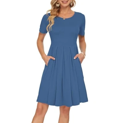Image de AUSELILY Robe décontractée à Manches Courtes plissée avec Poches Longueur Genou 2XL,Bleu Beja