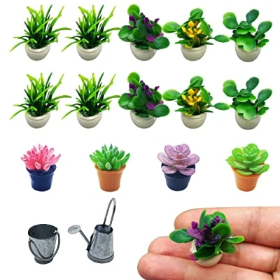 Image de PFLYPF Lot de 14 mini pots fleurs artificiels Décoration d&#039;intérieur jardin en pot vert 1:12 Avec 1 arrosoir et un seau