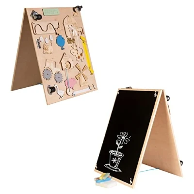 Image de 3toysm Leo Tableau d&#039;activité sensoriel Montessori Busy Board en Bois autoportant Double Face Naturel Ferme 50 cm