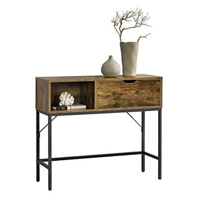 Image de [en.casa] Table Console d&#039;Appoint d&#039;Entrée avec Compartiment Fermé et Stockage Panneau de Particules Mélaminé Métal 92 x 30 80 cm Effet Bois Foncé Noir
