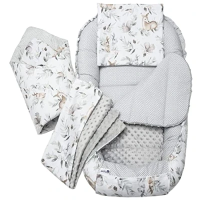 Image de Medi Partners 5 éléments Cocon de Bébé 100x60x15cm 100% Coton Baby Nest Reducteur lit Bébés Oreiller Couverture Insert Amovible (Cerf en Feuilles avec Minky Gris)