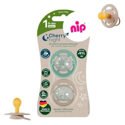 Image de NIP Cherry Lot de 2 tétines rondes, lumineuses, pour la nuit 0 à 6 mois, adaptées l&#039;allaitement et durables, phosphorescentes, unisexes