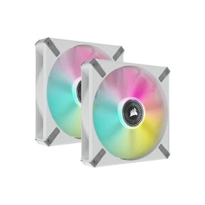 Image de CORSAIR iCUE ML140 RGB ELITE, 140 mm PWM Ventilateur (Technologie AirGuide, Roulement à Lévitation Magnétique, Jusqu’à 1 600 tr/min, Mode Zero RPM, Bruit Faible) Paquet Double, Blanc