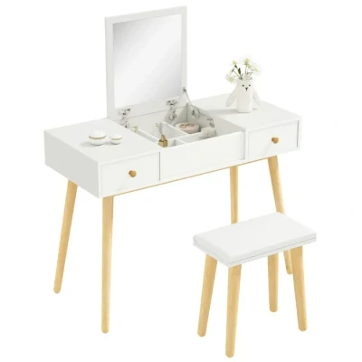 Image de Coiffeuse avec miroir et tabouret HOMCOM 2 tiroirs rabattable 100x45x118cm blanc