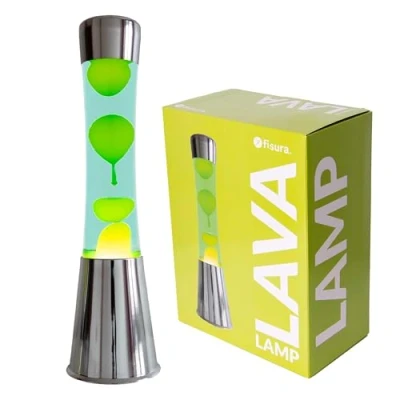 Image de fisura. Lampe à lave verte. Base chromée, liquide vert et jaune. d&#039;ambiance originale. Avec ampoule de rechange. 11 cm x 11cm 39,5 cm.