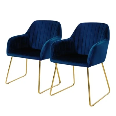 Image de ML Design Set de 2 Chaises Salle à Manger, Bleu, Assise Rembourrée en Velours, Pieds Dorés Métal, avec Dossier et Accoudoirs Ergonomiques, Fauteuil Moderne Salon Bureau Chambre Cuisine