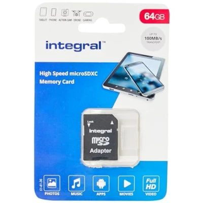 Image de Integral Carte Mémoire 64Go MicroSDXC Haute Vitesse jusqu&#039;à 100MB/s Classe 10, V10, UHS1, U1, Homologuée A1, + Adaptateur SD