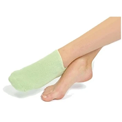 Image de Paire de Chaussettes Hydratantes Réutilisables Verte, Gel aux Huiles Jojoba et d’Olive, Vitamine E Lavande Contre les Pieds Secs Craquelés, Redonne Douceur Souplesse Pieds, Sun &amp; Sia