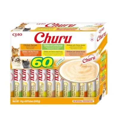 Image de INABA Churu Friandises pour Chats en Purée Variétés de Poulet Délicieux Snacks Félins Texture Lisse et Onctueuse Nourriture 60 Tubes x 14g