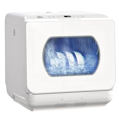 Image de HOMCOM Mini lave vaisselle 4 couverts, de table, 5 programmes, double alimentation en eau, lavage des fruits, réservoir d&#039;eau 6L, commande tactile, affichage LED, départ différé, blanc