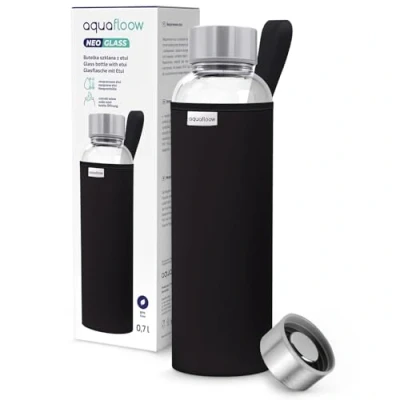 Image de Aquafloow Bouteille d&#039;eau, Brosilicate Étui en Néoprène 700 ml, Flacons d&#039;eau Verre avec Couvercle Bambou, Sans BPA Idéale pour Le Bureau, L&#039;école, La Maison Noir