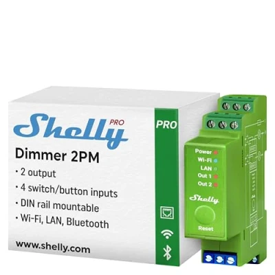 Image de Shelly Pro Dimmer 2PM Variateur de lumière connecté sur rail DIN, Compteur d&#039;énergie intégré, 2 canaux, Wi Fi &amp; Bluetooth, Gradateur halogènes et LED 200 W, Alexa Google Home, App iOS Android
