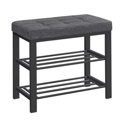 Image de SONGMICS Banc, Porte Chaussures à 3 Niveaux, Rangement avec Siège Rembourré de Mousse, Tissu en Lin, Cadre Métallique, pour Salon, Entrée, 31 x 60 49 cm, Gris Foncé et Noir LBS576B01, 60L cm