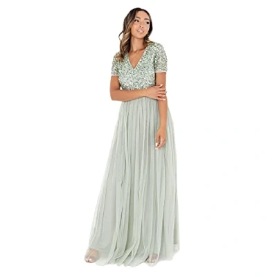 Image de Maya Deluxe Femme Longue À Manches Courtes avec Col en V pour Taille Empire, Bal Fin D&#039;année, Robe de demoiselle d honneur, Green Lilly, 38 EU