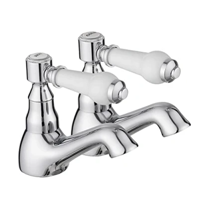 Image de JASSFERRY Lot de 2 robinets lavabo avec poignée en céramique blanche 1/4 tour et levier 1/2&quot; Chromé