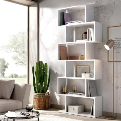 Image de Dmora Librairie Joliet, Bibliothèque haute double face, Étagère de séparation avec 5 étagères, bureau moderne, cm 80x25h192, Blanc brillant