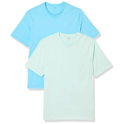 Image de Amazon Essentials T Shirt coupe régulière à manches courtes et col ras du cou Homme, Lot de 2, Bleu Clair/Bleu des Mers Sud, L