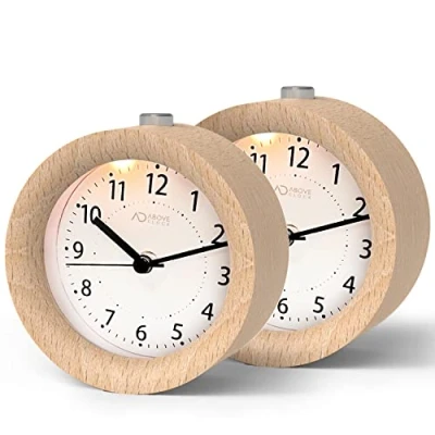 Image de aboveClock Réveil Matin en Bois, Analogique sans Tic Tac, Horloge à Aiguilles avec Mode Snooze, Veilleuse, Alimenté par Pile（1*Pile AA requise Bois Naturel Clair 2Packs